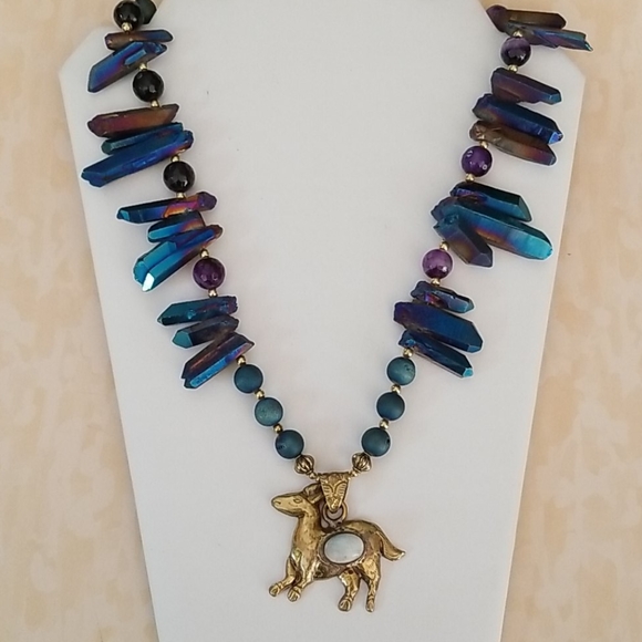 Hand Crafted Boho Tribal Moonstone Tibetan Rainbow Crystal Druzy Agate Necklace - Picture 11 of 16